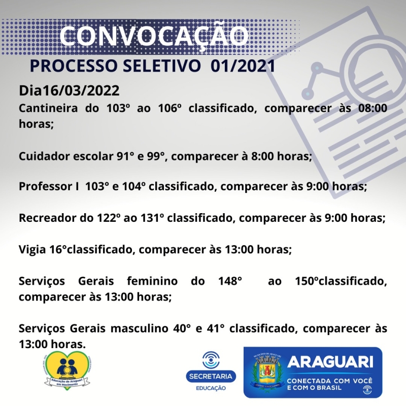 A Prefeitura Municipal de Araguari através da Secretaria Municipal de Administração, convoca os candidatos aprovados no Processo seletivo referente ao Edital 001/2021 para comparecerem na sede da Secretaria Municipal de Educação, Rua Cel. José Ferreira Alves 1430, no dia 16/03/2022, para apresentação dos documentos