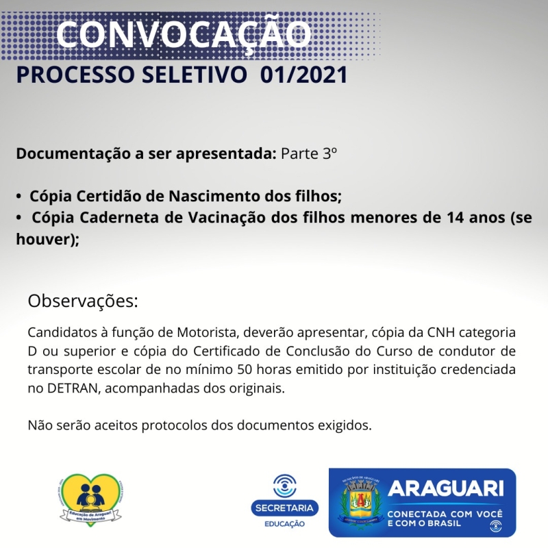 A Prefeitura Municipal de Araguari através da Secretaria Municipal de Administração, convoca os candidatos aprovados no Processo seletivo referente ao Edital 001/2021 para comparecerem na sede da Secretaria Municipal de Educação, Rua Cel. José Ferreira Alves 1430, no dia 16/03/2022, para apresentação dos documentos