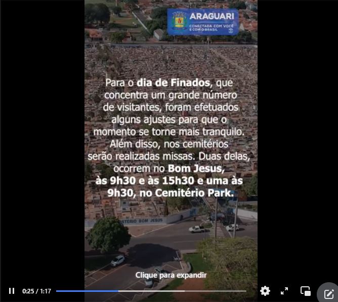 Em respeito a todos os entes queridos que se foram, a prefeitura de Araguari, através da secretaria de Obras, tem efetuado serviços de manutenção e conservação constantes, em todos os 7 cemitérios do município. 