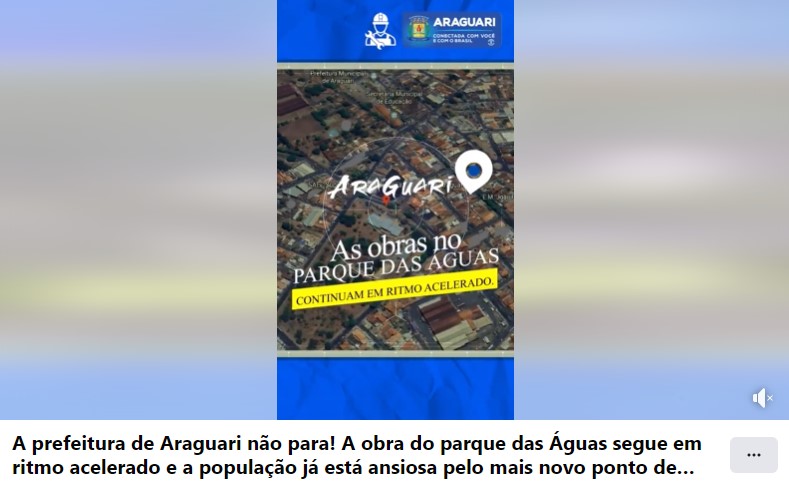 A obra do parque das Águas segue em ritmo acelerado e a população já está ansiosa pelo novo ponto de lazer da cidade. O local contará com espaços de lazer e esportes, que valorizam o patrimônio ambiental da área, já amplamente utilizada pelos cidadãos para a prática de caminhadas. Prefeitura de Araguari Conectada com você e com a qualidade de vida da nossa Gente