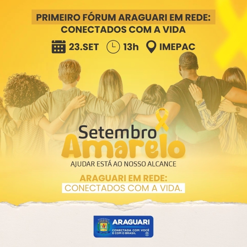 A prefeitura de Araguari convida para o “Primeiro Fórum Araguari em Rede: Conectados com a Vida”, que será realizado no dia 23 de setembro (sexta-feira), às 13h, no IMEPAC.  O quê? Primeiro Fórum Araguari em Rede: Conectados com a Vida Onde? IMEPAC Quando? 23 de setembro (sexta-feira), às 13h #PrefeituraDeAraguari #araguariemredeconectadacomvoce #setembroamarelo
