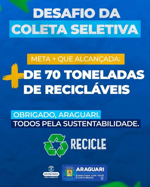 O mês de julho fechou de forma positiva para o meio ambiente no município de Araguari. A prefeitura, através da secretaria de Meio Ambiente, por meio da Coleta Seletiva, fechou o mês batendo a meta de materiais recicláveis recolhidos no município. O número alcançado é de mais de 70 toneladas de recicláveis recolhidos juntos a residências e empresas. A secretaria de Meio Ambiente informa que a meta a ser alcançada inicialmente foi de 10 toneladas, e com esse novo alcance, faz com que todos se motivem a trabalhar para superar na próxima divulgação, a meta de 80 a 100 toneladas de produtos recicláveis. “Desde o início desse trabalho contamos com o grande apoio da população araguarina, que sempre luta pelo nosso meio ambiente. Fico muito feliz e entusiasmado por saber que a comunidade comprou e zela pela ideia da sustentabilidade”, destacou o secretário Guilherme Henrique Santana. “Tudo que a gestão faz para melhorar o meio ambiente em parceria com a comunidade deixa a cidade mais limpa e faz com que Nossa Gente tenha mais qualidade de vida. Parabenizo a todos por esta meta alcançada e vamos todos trabalhar para que mais materiais sejam recolhidos e sejam depositados em local correto”, disse o prefeito Renato Carvalho.