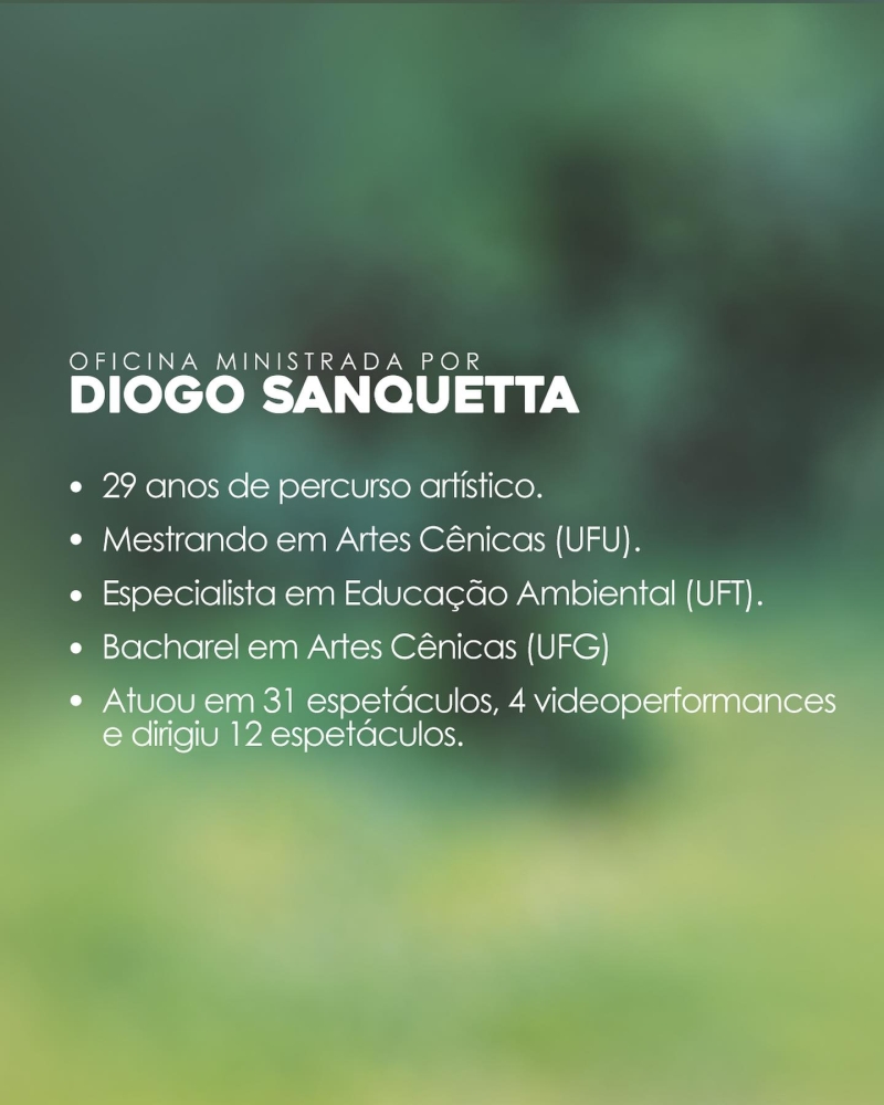 No dia 26 de agosto, das 14 às 17 horas, na sala verde do Bosque John Kennedy, acontecerá a oficina gratuita ministrada pelo artista araguarino Diogo Sanquetta.
