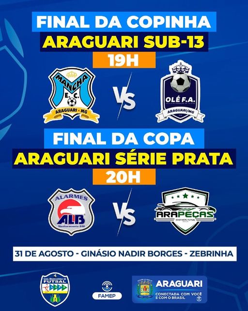 A prefeitura de Araguari tem o prazer de convidar para a Final da Copinha Araguari sub-13 e Final da Copa Araguari Série Prata, que serão realizadas nesta quinta-feira, 31 de agosto, a partir das 19h, no Ginásio Nadir Borges - Zebrinha.