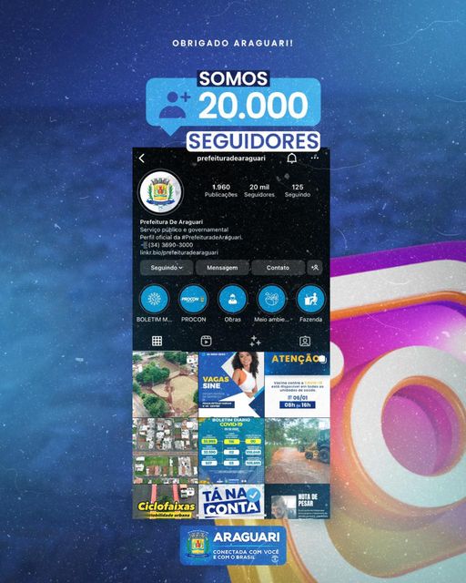Já somos 20k de pessoas que amam nossa cidade, que cuidam e trabalham para fazer de Araguari o melhor lugar do mundo para se viver. Nosso trabalho continua a todo vapor e que bom ter cada um de vocês ao nosso lado. Prefeitura de Araguari Conectada com você e com a Felicidade de Nossa Gente