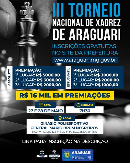 1º Campeonato Municipal Estudantil de Xadrez Rápido neste sábado