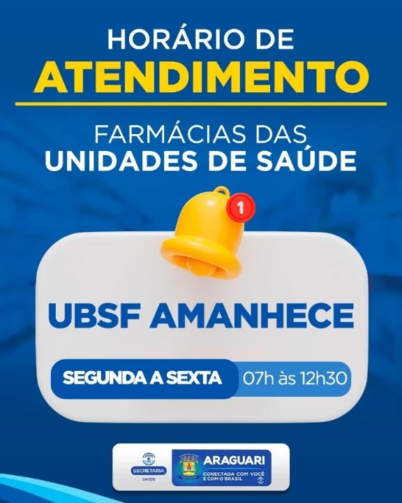 Os atendimentos são divididos entre Farmácia de Atenção Básica e de Componente Especializado A prefeitura de Araguari, por meio da secretaria de Saúde, informa a população, os horários de atendimentos da Farmácia Municipal de Atenção Básica, que além de atender na região central da cidade, atende também em algumas Unidade de Saúde, como: UBS Goiás, UBS Amorim, UBSF Miranda, UBSF Portal de Fátima e UBSF Amanhece e na Policlínica.