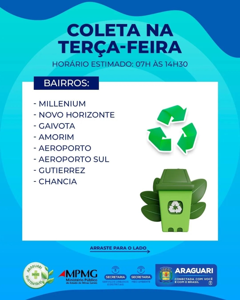 A prefeitura de Araguari informa sobre o serviço oferecido de Coleta Seletiva nos bairros, centro, distritos e comunidades rurais no município. Descarte o lixo corretamente e colabore com a limpeza pública.