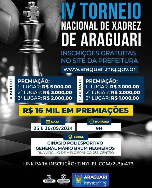 A prefeitura de Araguari, através da Fundação Municipal de Esportes e Paradesporto - FAMEP e a secretaria de Educação informa que vem aí o IV Torneio Nacional de Xadrez de Araguari.