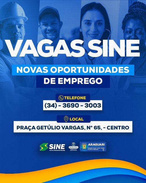 Os candidatos devem comparecer ao SINE portando a carteira de trabalho, RG e CPF. As vagas estão sujeitas à alterações. Para mais informações consulte nos guichês de atendimento. Sine Araguari Pça Getúlio Vargas, 65 , Centro Telefone: (34)3690-3003 Atendimento: Segunda à Sexta, das 08.00hs, às 17.00hs.