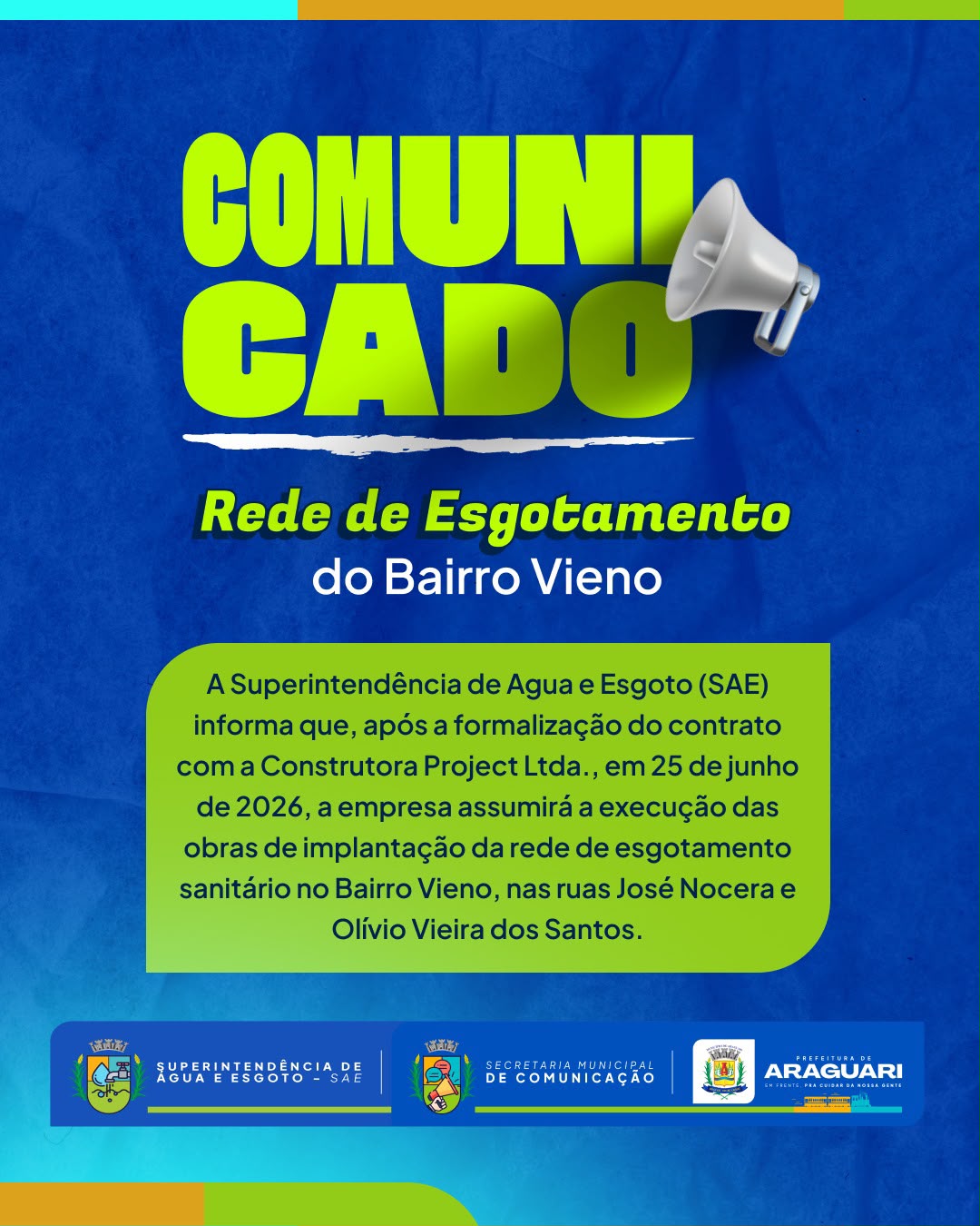 Obras da rede de esgotamento sanitário no Bairro Vieno terão início na primeira semana de agosto